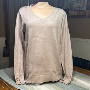 WIHOLL Elegant Beige V-Neck Sweater with Button Accents